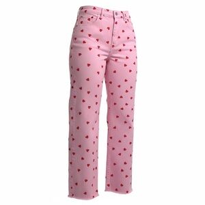 SHEIN Pink Heart Print Wide Leg Jeans | High Rise Y2K